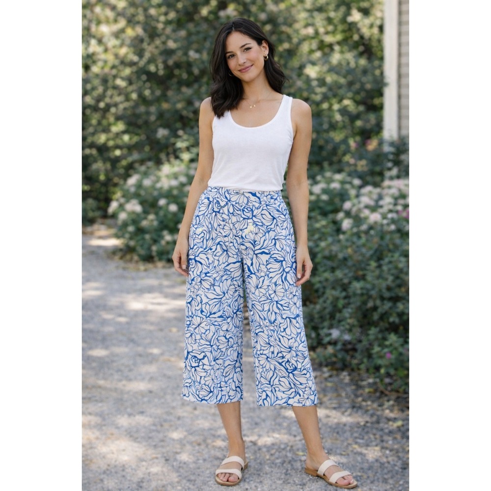 NWOT: Martha Stewart Linen Wide Leg Cropped‎ Pants Blue Floral Size L (F726)